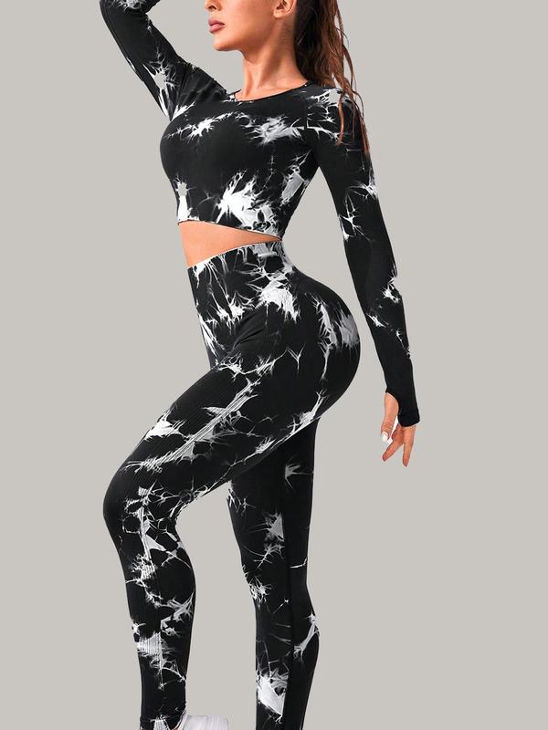 Women's Tie Dye Print Sports Set, Long Sleeve Crop Top & High Waist Leggings, Sportswear Set for Yoga Gym Workout