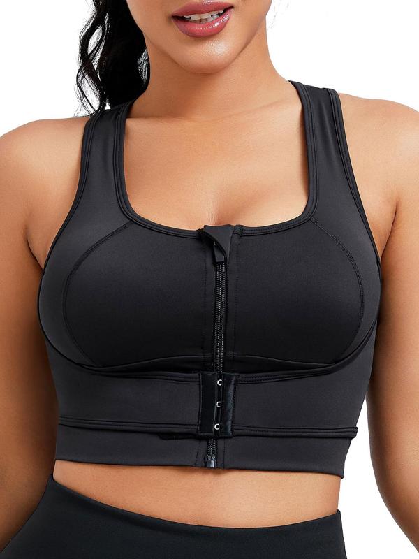 Women's Solid Zipper Front Sports Bra, Sporty Breathable Comfortable High Stretch Bra, Ladies Sportswear Clothes for Yoga Gym Workout