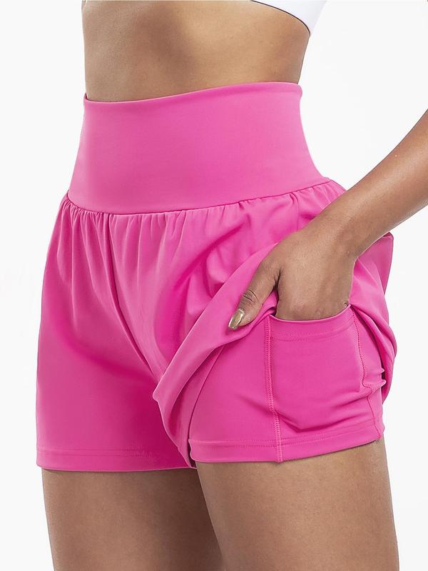 Women's 2 in 1 High Waist Sports Shorts, Solid Breathable Pocket Design Wide Waistband Shorts, Ladies Sportswear Gym Shorts for Indoor Outdoor Wear,  Gym Clothing