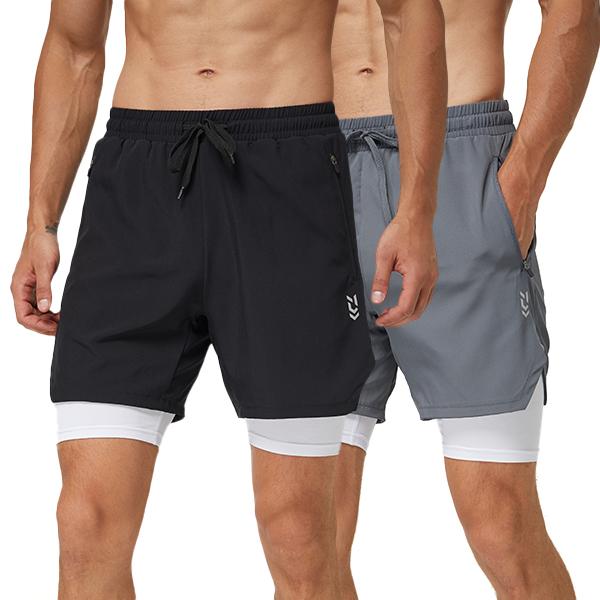 2 Pack 2 in 1 Mens Running Shorts quick drying Workout Gym Shorts Lightweight Sport Athletic Shorts with Zipper Pocket Compression Base Liner Training Bodybuilding Short