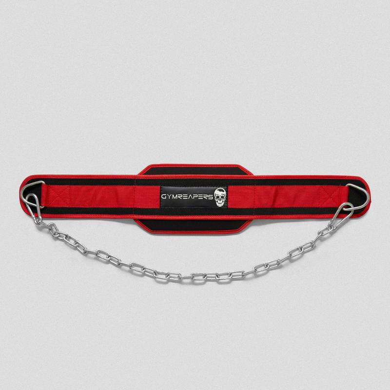 GYMREAPERS Dip Belt with Back Support and Heavy-Duty Steel Chain for Weighted Dips, Chin-Ups, and Pull-Ups - Red