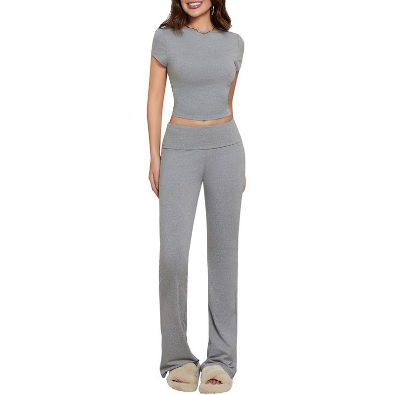 Women Basic Two Piece Outfits Y2k Short Sleeve Crop Top and Fold Over Flare Pants SetLounge Yoga Tracksuit