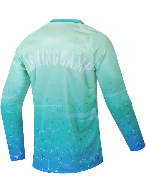 Sporty Men's Fish Print V Neck Sports Tee, Gym Clothing, Casual Stretchy Raglan Sleeve Long Sleeve T-shirt for Gym Workout Running, Sport & Outdoor Clothing for Summer, Compression Shirt, Gym Clothes, Men's Tops