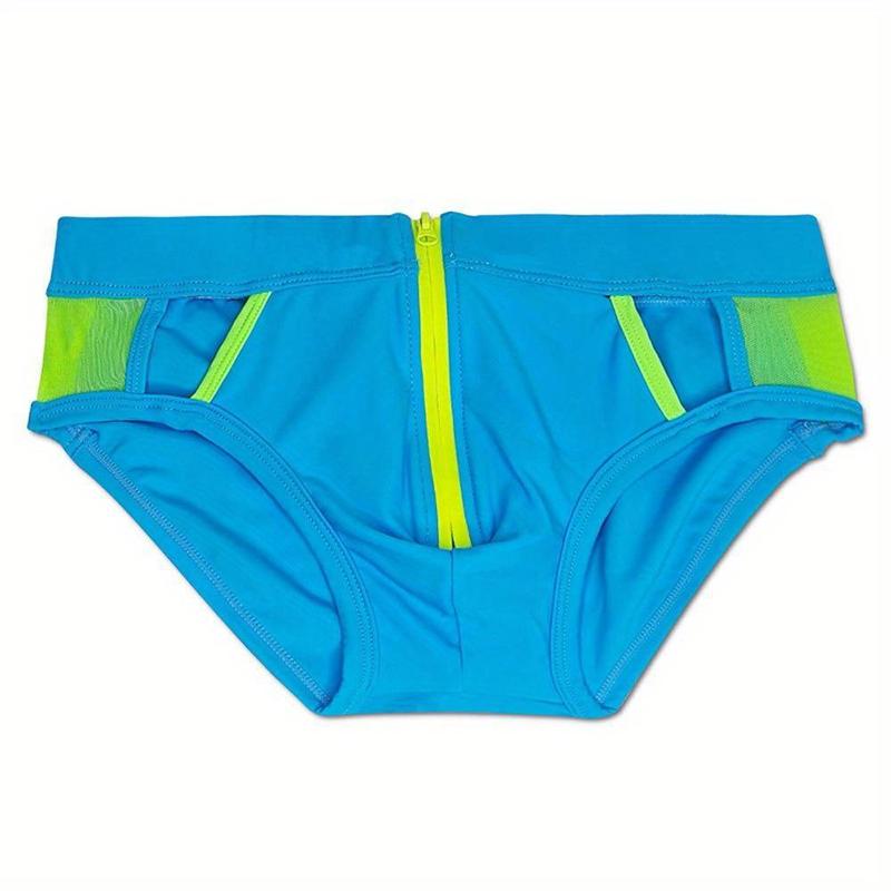 Fashionable and Sexy Men's Swim Trunks with Zipper and Mesh Hole Design