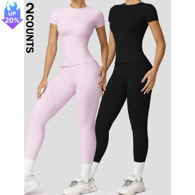 2 4 Counts Women's Solid Round Neck Tee & High Waist Leggings Tracksuit Set, Sporty Comfy T-shirt & Skinny Pants for Yoga Gym Workout, Ladies Summer Back To School Sportswear, Summer Outfits 2024, Women's Tracksuits, Fall Clothes Downtown Girl Outfit 27