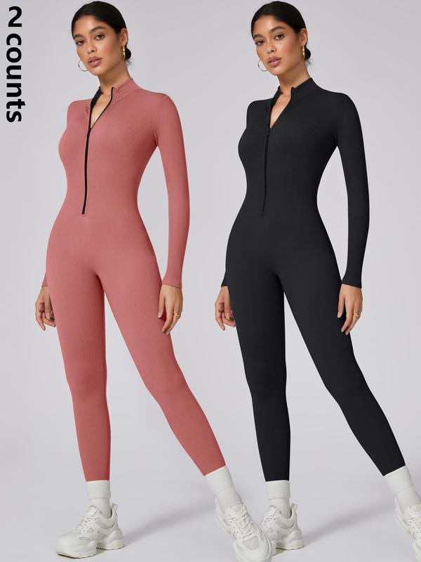 Women's Solid Zip Up Sports Jumpsuit, Casual Comfy Breathable Long Sleeve Bodycon Jumpsuit for Yoga Gym Workout, Ladies Sportswear for Fall & Winter