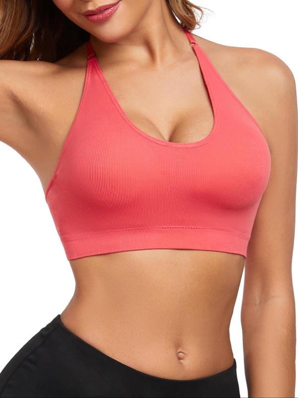 Women's Solid Backless Sports Bra, Breathable Comfortable Detachable Chest Pad Wireless Sports Bra, Ladies Sportswear for Indoor Outdoor Wear