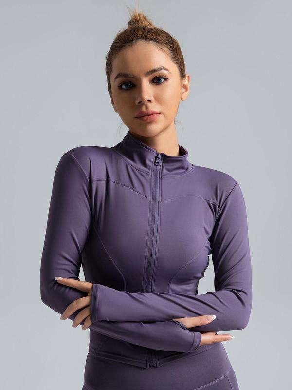 Women's Solid Zip Up Thumb Hole Design Sports Jacket, Sporty Long Sleeve Outerwear for Yoga Gym Workout, Sauna Jacket, Ladies Sportswear for Spring & Fall