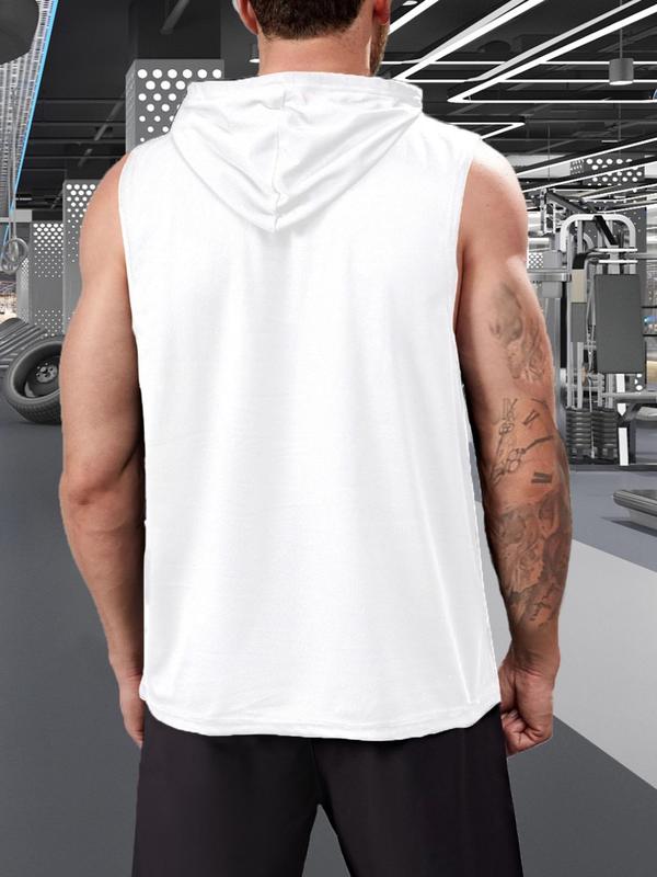 Men's Graphic Drawstring Hooded Sports Tank Top, Regular Fit Sleeveless Sweat Activated Sports Top, Summer Outfits 2024, Men's Sportswear Clothing