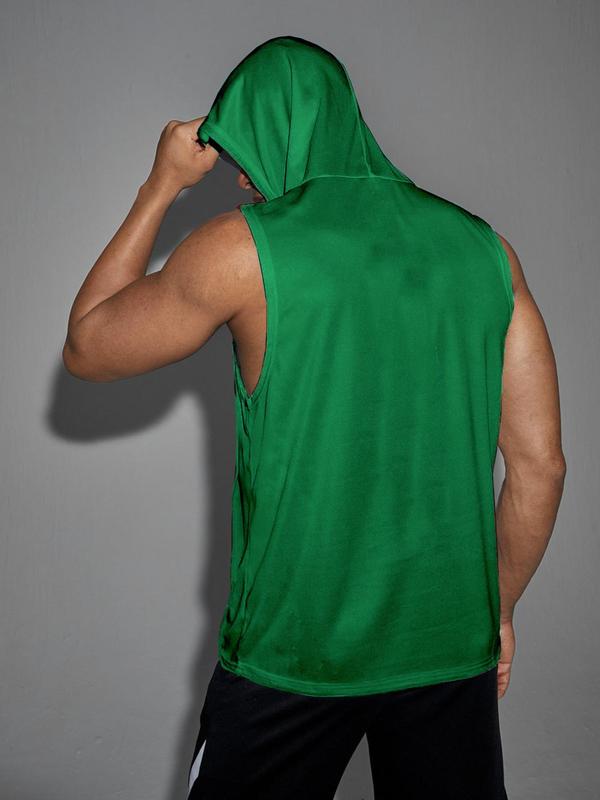 Men's Graphic Drawstring Hooded Sports Tank Top, Regular Fit Sleeveless Sweat Activated Sports Top, Summer Outfits 2024, Men's Sportswear Clothing