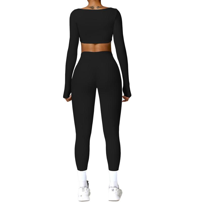 Kabuer Women's Workout Set - Twist Front Long Sleeve Crop Top and High Waist Flared Leggings