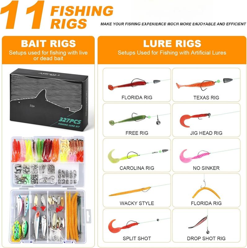 327 count Fishing Tackle Lures Bait Kit Set Fishing Tackle Box with Tackle Included Fishing Gear, Fishing Lures, Worm, Spinner, Spoon, Hook for Freshwater Bass Trout Fishing Gifts for Men