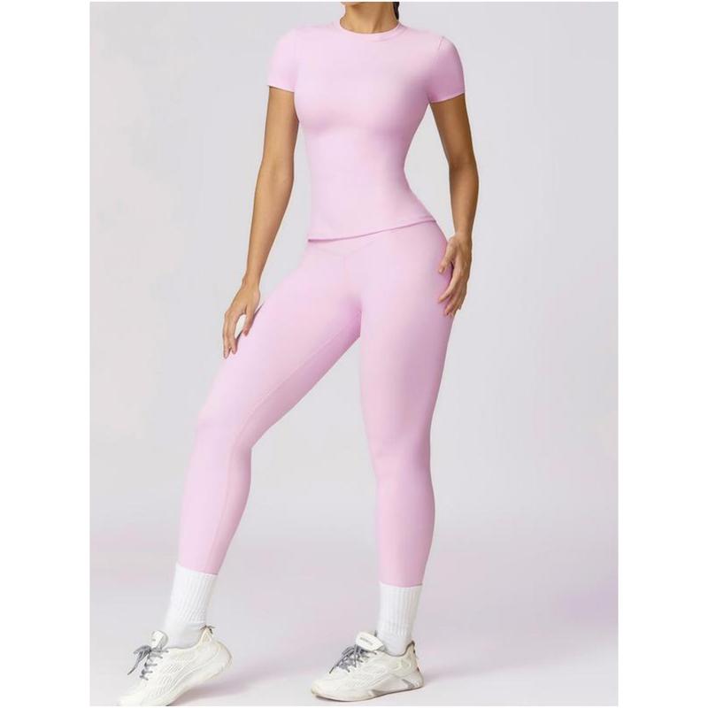 2 4 Counts Women's Solid Round Neck Tee & High Waist Leggings Tracksuit Set, Sporty Comfy T-shirt & Skinny Pants for Yoga Gym Workout, Ladies Summer Back To School Sportswear, Summer Outfits 2024, Women's Tracksuits, Fall Clothes Downtown Girl Outfit 27