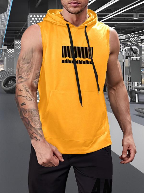 Men's Graphic Drawstring Hooded Sports Tank Top, Regular Fit Sleeveless Sweat Activated Sports Top, Summer Outfits 2024, Men's Sportswear Clothing