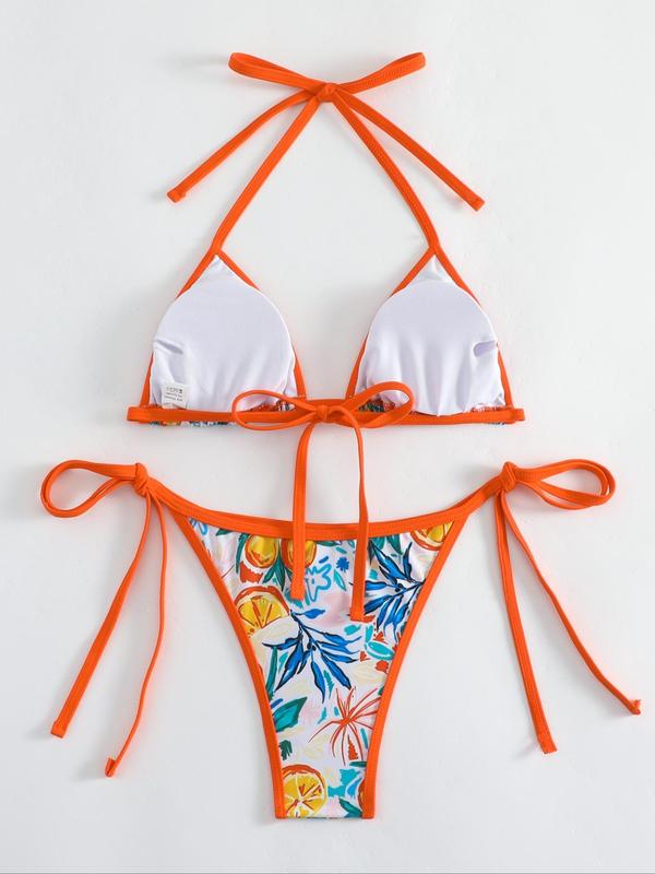 Women's Fruit Print Tie Back Bikini Set Bikinis for Summer 2024, Boho Style Halter Neck Triangle Swim Bra & Tie Side Swim Bottom, Chic Ladies Bathing Suit