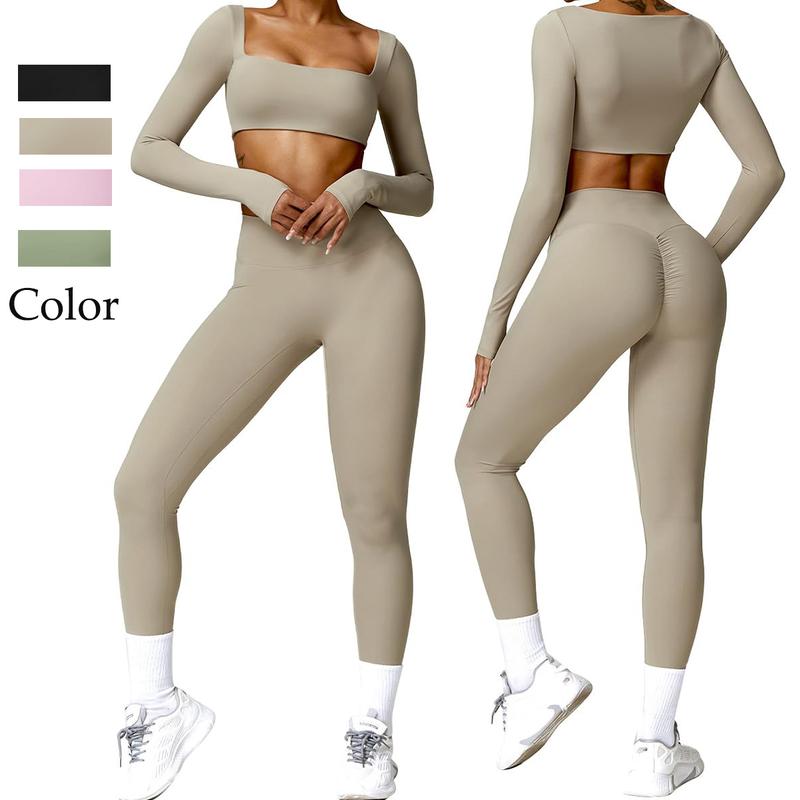 Kabuer Women's Workout Set - Twist Front Long Sleeve Crop Top and High Waist Flared Leggings