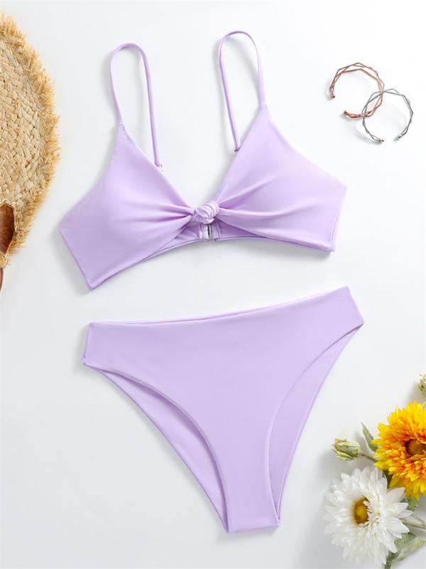 Two-piece Set Women's Solid Twist Triangle Bra & High Waist Panty 2024 Summer Bikini Set, Casual Two-piece Swimsuit for Beach Holiday, Women's Summer Swimsuit