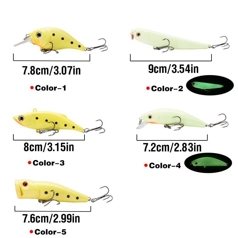 Luminous Fishing Lure, 5pcs Floating Fishing Bait with Hook, Artificial Hard Bait, Outdoor Fishing Accessories, Flyfishing, Solocamping, picnicaesthetic