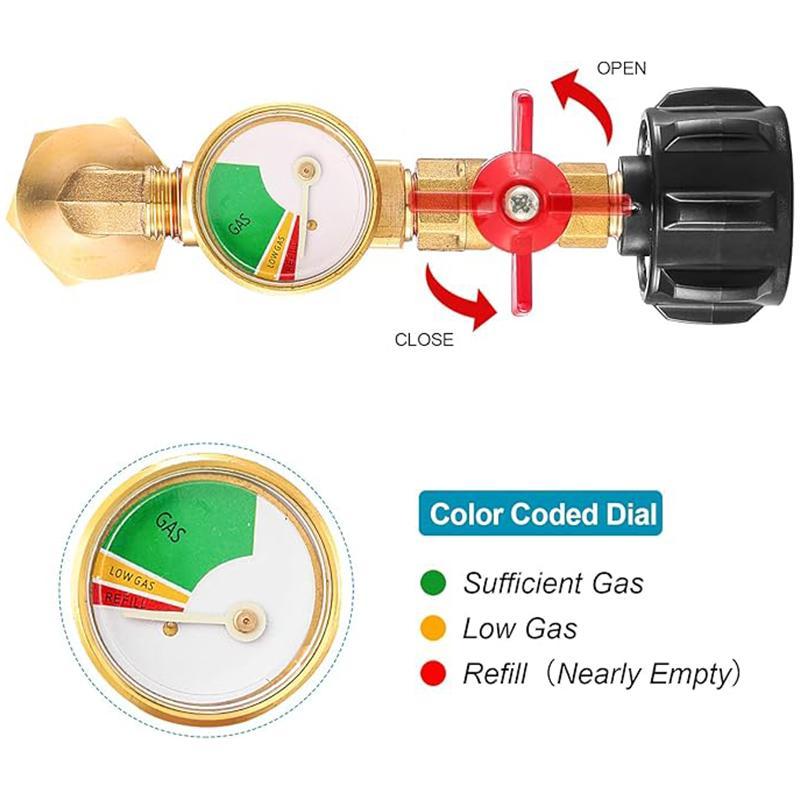 Propane Refill Adapter with Pressure Gauge, 90-Degree Propane Refill Adapter with on off Control Valve, Suitable for Camping Barbecue