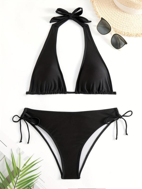 Women's Plain Halter Tie Back 2024 Summer Bikini Set, Casual Triangle Swim Bra & Tie Side Swim Panty, Summer Beach Holiday Swimwear, Bathing Suits 2024