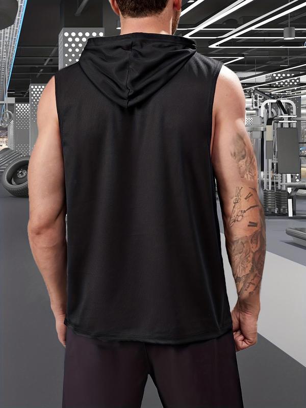 Men's Graphic Drawstring Hooded Sports Tank Top, Regular Fit Sleeveless Sweat Activated Sports Top, Summer Outfits 2024, Men's Sportswear Clothing