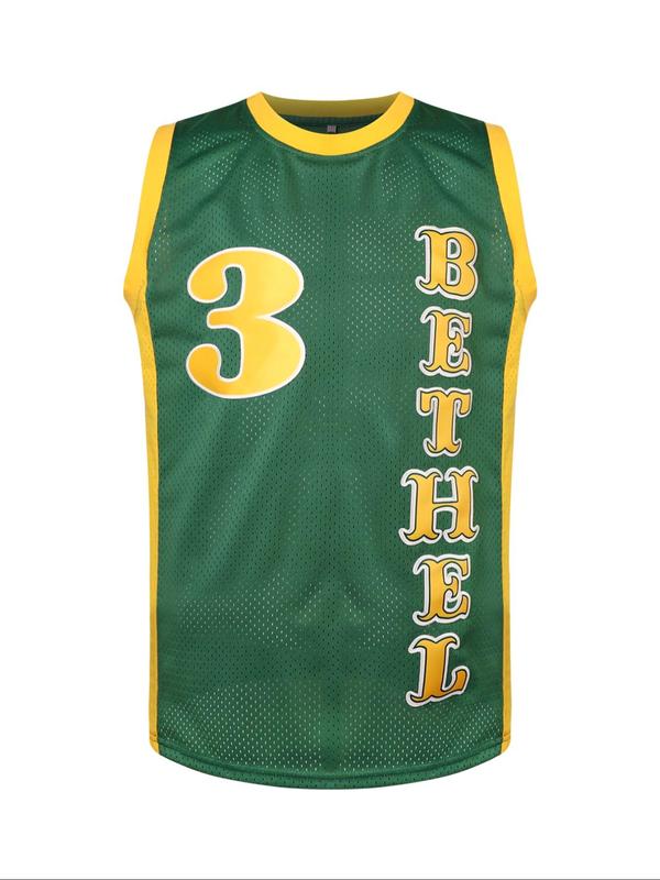 Men's Letter & Number Embroidery Contrast Binding Sports Basketball Jersey, Loose Casual Breathable Sleeveless V Neck  Professional Sports Basketball Top, Summer Sports Clothing for Men