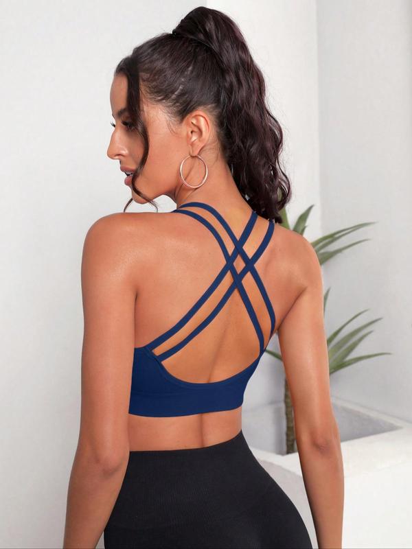 Women's Criss Cross Backless Wireless Sports Bra, Solid Color Double Spaghetti Strap Sports Bra, Cute Gym Clothes for Back To School, Breathable Comfortable Sports Bra for Yoga Gym Workout, Fall Outfits, Fallfreshness