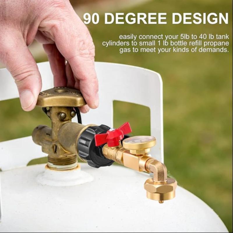 Propane Refill Adapter with Pressure Gauge, 90-Degree Propane Refill Adapter with on off Control Valve, Suitable for Camping Barbecue