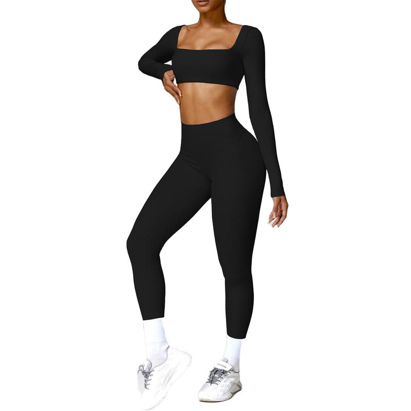 Kabuer Women's Workout Set - Twist Front Long Sleeve Crop Top and High Waist Flared Leggings