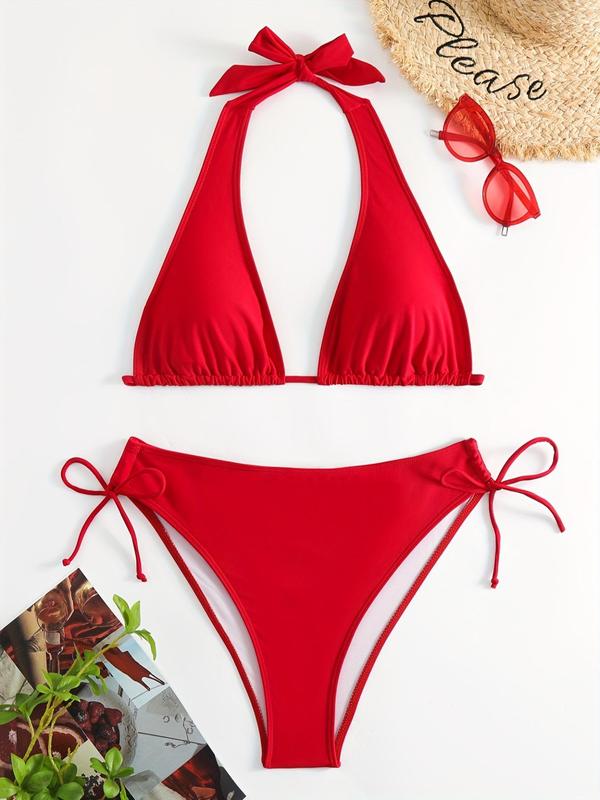 Women's Plain Halter Tie Back 2024 Summer Bikini Set, Casual Triangle Swim Bra & Tie Side Swim Panty, Summer Beach Holiday Swimwear, Bathing Suits 2024