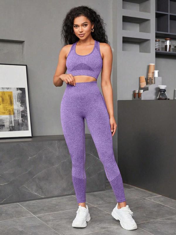 2 Piece Set Women's Solid Tracksuit Set, Breathable Scoop Neck Crop Tank Top & High Waist Leggings, Fall Outfits for Yoga Gym Workout Running, Sportswear Set, Sports Outfits, Ladies Tracksuits, Minimalistic Outfit