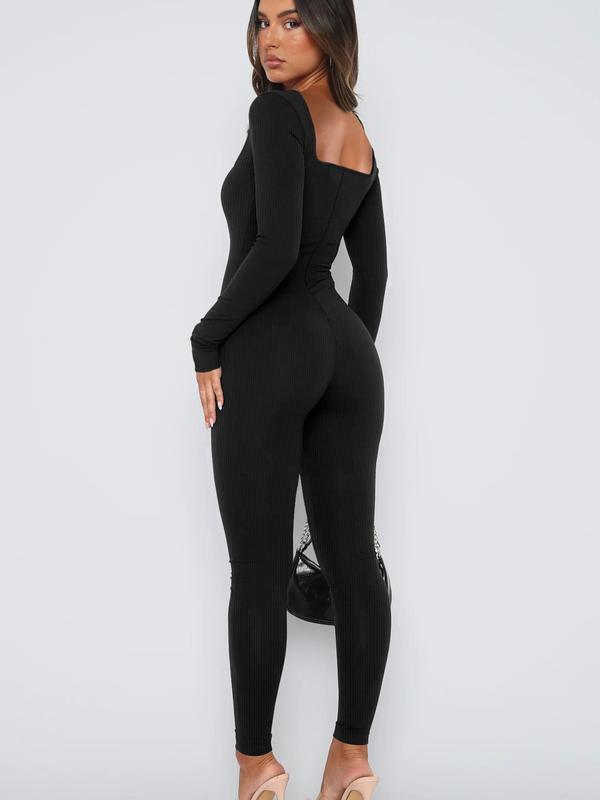 Women's Solid Square Neck Long Sleeve Sports Jumpsuit, Casual Sporty Seamless One-piece Jumpsuit for Yoga Gym Workout Running, Ladies Spring & Fall Sports Clothes