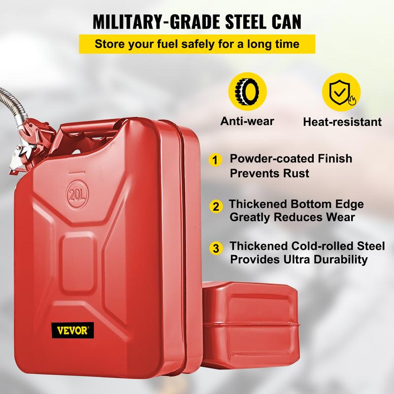 VEVOR Jerry Fuel Can, 5.3 Gallon   20 L Portable Jerry Gas Can with Flexible Spout System, Rustproof ＆ Heat-resistant Steel Fuel Tank for Cars Trucks Equipment, Red， Authentic NATO Jerry Can and Spout System