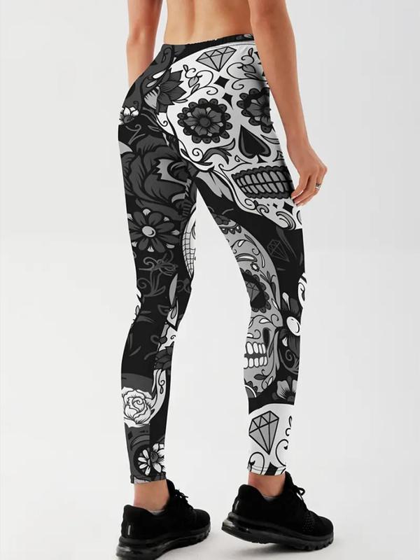 Women's Skull & Floral Print High Waist Sports Tummy Control Leggings, Graphic Skinny Pants, High Stretch Seamless Yoga Legging, Ladies Sportswear Clothing for Indoor Outdoor Wear