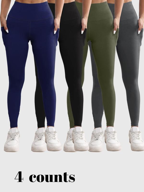 Women's Solid High Waist Pocket Sports Leggings, Casual Comfy Breathable Skinny Pants for Yoga Gym Workout Running, Ladies Sportswear for All Seasons, Tummy Control