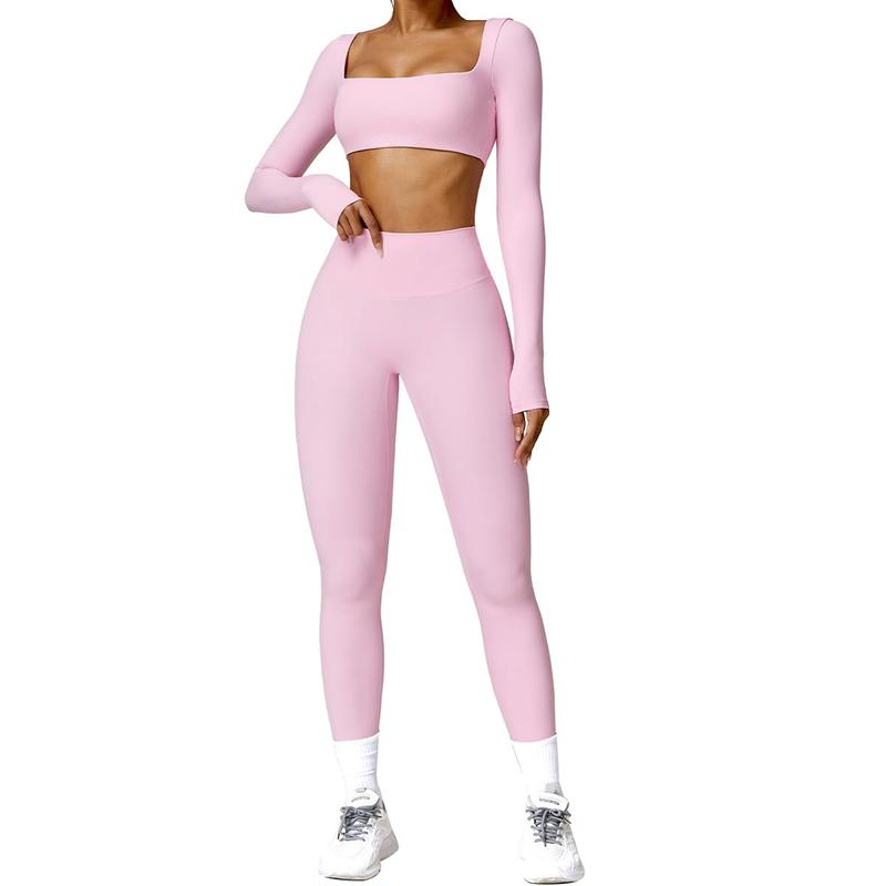 Kabuer Women's Workout Set - Twist Front Long Sleeve Crop Top and High Waist Flared Leggings