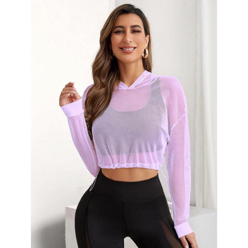 Activewear Long Sleeve Hollow Out Drawstring Hooded Sweatshirt Sports Crop Top