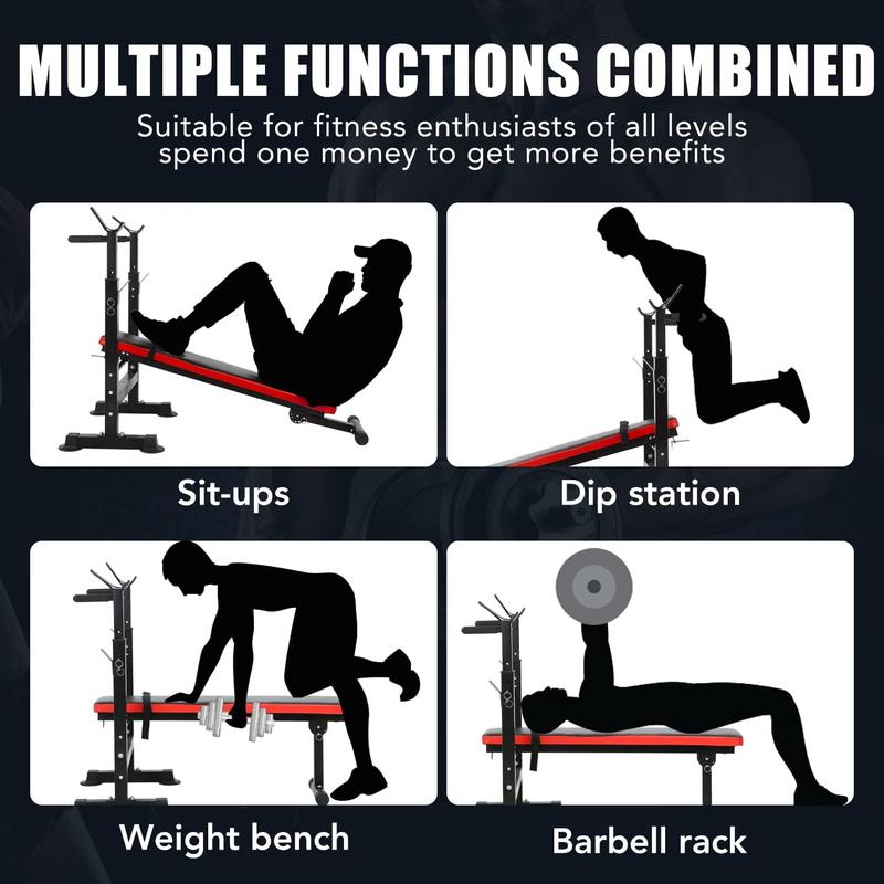 Adjustable Weight Bench with Barbell Rack,Bench Press Folding Multi-Function Workout Bench with Dip Station & Curl Bar, Weight Lifting Bench Strength Training Bench for Home Gym