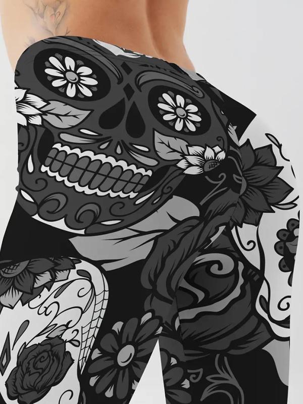 Women's Skull & Floral Print High Waist Sports Tummy Control Leggings, Graphic Skinny Pants, High Stretch Seamless Yoga Legging, Ladies Sportswear Clothing for Indoor Outdoor Wear