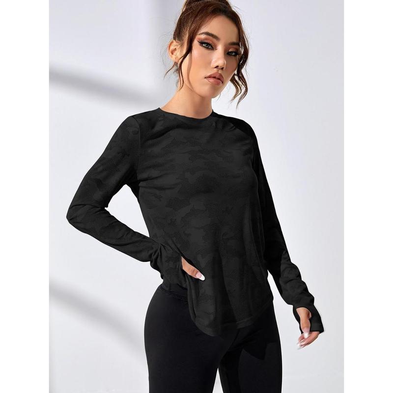 Camo Print Sport Tee Wrap Cut Out T Shirts Long Sleeve Yoga Basic Activewear Tops under shirt outfit