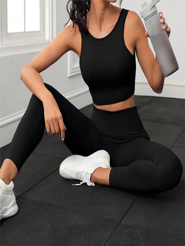 Two-Piece Set Women's Solid Ribbed Crop Tank Top & High Waist Leggings Tracksuit Set, Summer Clothes Women, Sleeveless Round Neck Top & Skinny Pants, Workout Gym Yoga Exercise Clothing Set for Women