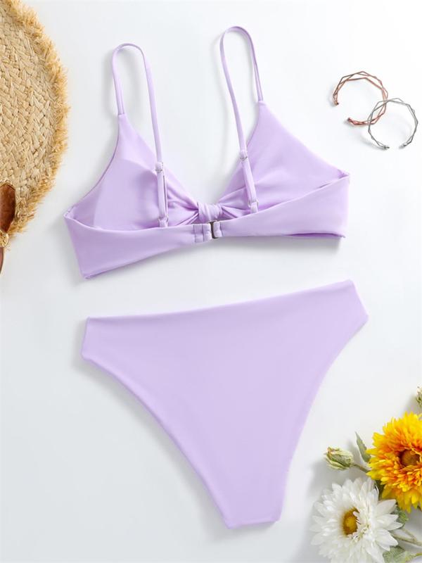 Two-piece Set Women's Solid Twist Triangle Bra & High Waist Panty 2024 Summer Bikini Set, Casual Two-piece Swimsuit for Beach Holiday, Women's Summer Swimsuit