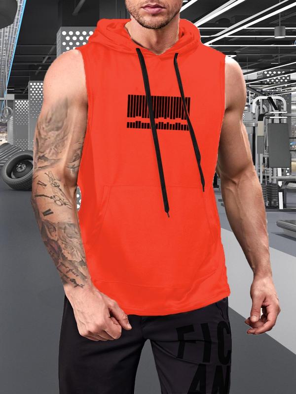 Men's Graphic Drawstring Hooded Sports Tank Top, Regular Fit Sleeveless Sweat Activated Sports Top, Summer Outfits 2024, Men's Sportswear Clothing