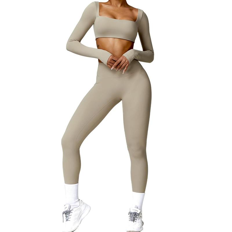 Kabuer Women's Workout Set - Twist Front Long Sleeve Crop Top and High Waist Flared Leggings