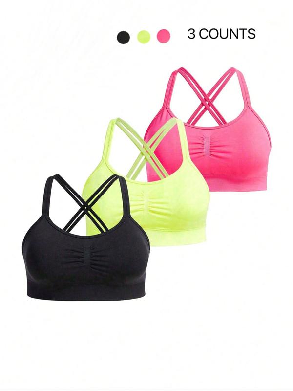 Plus Size  Criss Cross Ruched Sports Bra, Breathable Comfortable Wireless Sports Bra, Women's Sport & Outdoor Clothing for Indoor Outdoor Wear