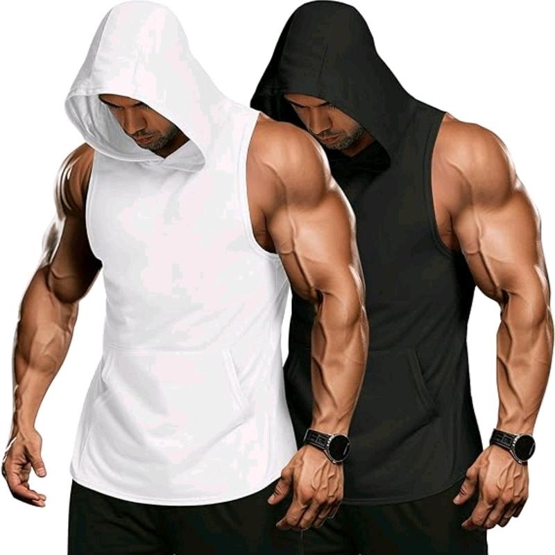 COOFANDY Summer Clearance 2 Pack Mens Workout Hooded Tank Tops Bodybuilding Muscle Cut Off T Shirt Sleeveless Gym Sport Hoodies Menswear Summer Outfits Breathable black friday Outdoor