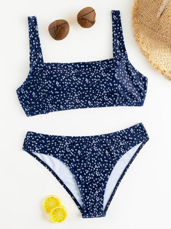 Women's Ditsy Floral Print Bikini Set, Chic Sleeveless Square Neck Bikini Top & Swim Knicker Two-Piece Swimsuit for Summer, Fashion Ladies Bathing Suit for Beach Swimming