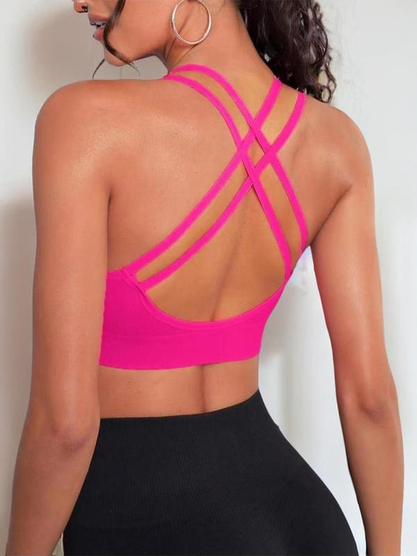 Women's Criss Cross Backless Wireless Sports Bra, Solid Color Double Spaghetti Strap Sports Bra, Cute Gym Clothes for Back To School, Breathable Comfortable Sports Bra for Yoga Gym Workout, Fall Outfits, Fallfreshness