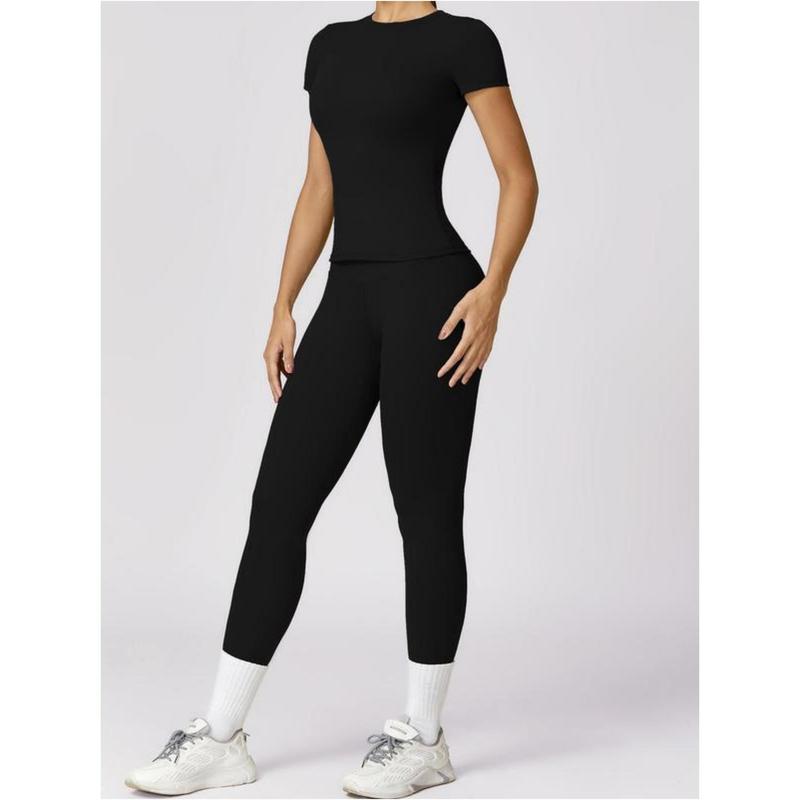 2 4 Counts Women's Solid Round Neck Tee & High Waist Leggings Tracksuit Set, Sporty Comfy T-shirt & Skinny Pants for Yoga Gym Workout, Ladies Summer Back To School Sportswear, Summer Outfits 2024, Women's Tracksuits, Fall Clothes Downtown Girl Outfit 27