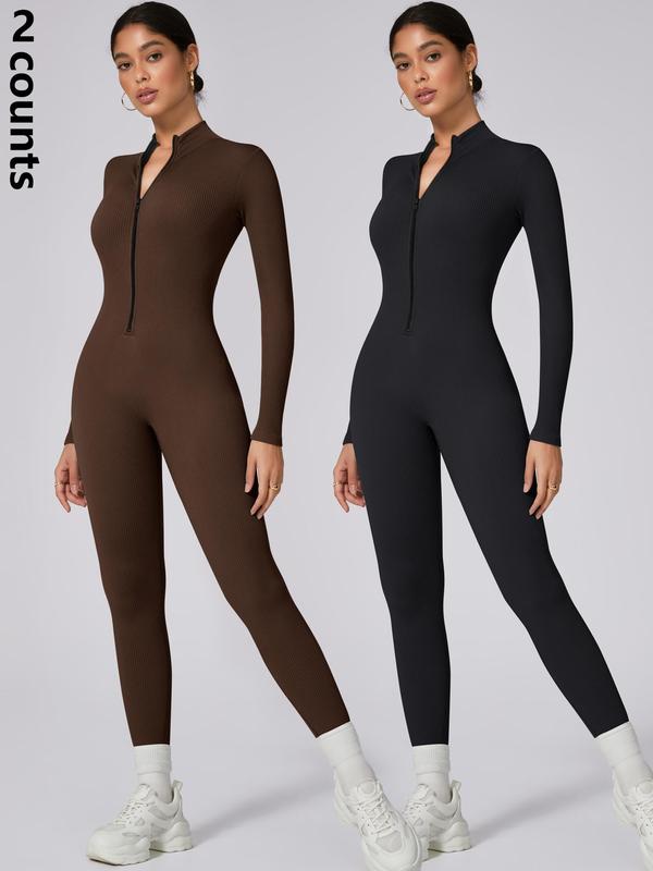 Women's Solid Zip Up Sports Jumpsuit, Casual Comfy Breathable Long Sleeve Bodycon Jumpsuit for Yoga Gym Workout, Ladies Sportswear for Fall & Winter